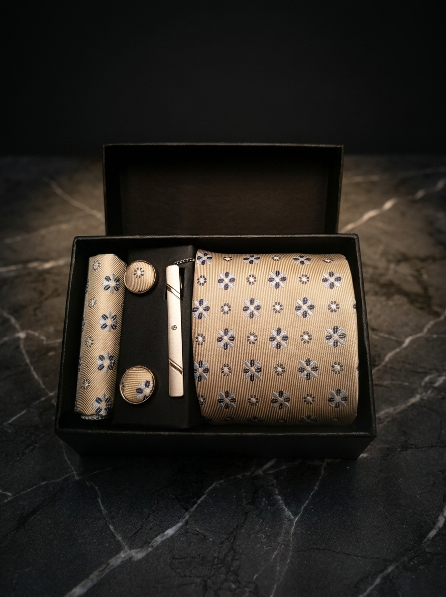 Kit Corbata beige Con flores azules
