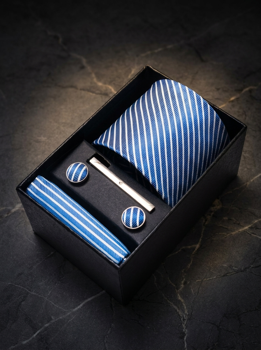 Kit Corbata Azul Rayas Blancas